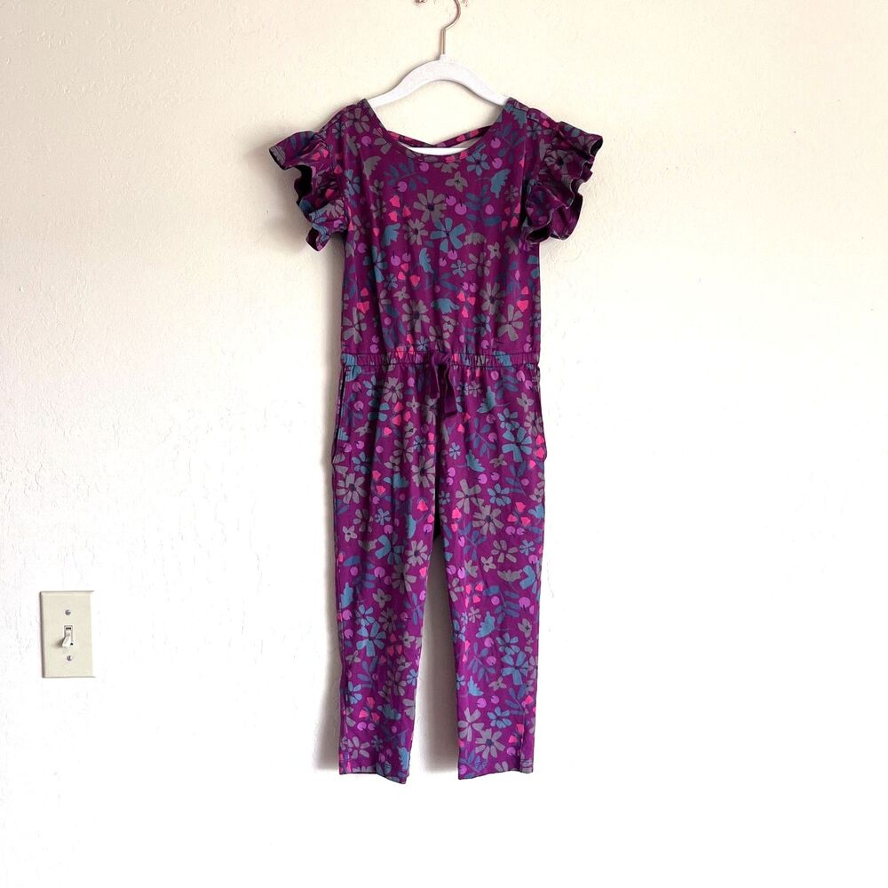 Tea Collection Girls Size 5 Purple Floral Jumpsuit Romper Ruffle Sleeves Pockets